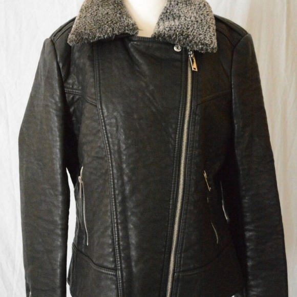 French Connection Faux-Fur-Trim Faux-Leather Moto - Picture 3 of 6